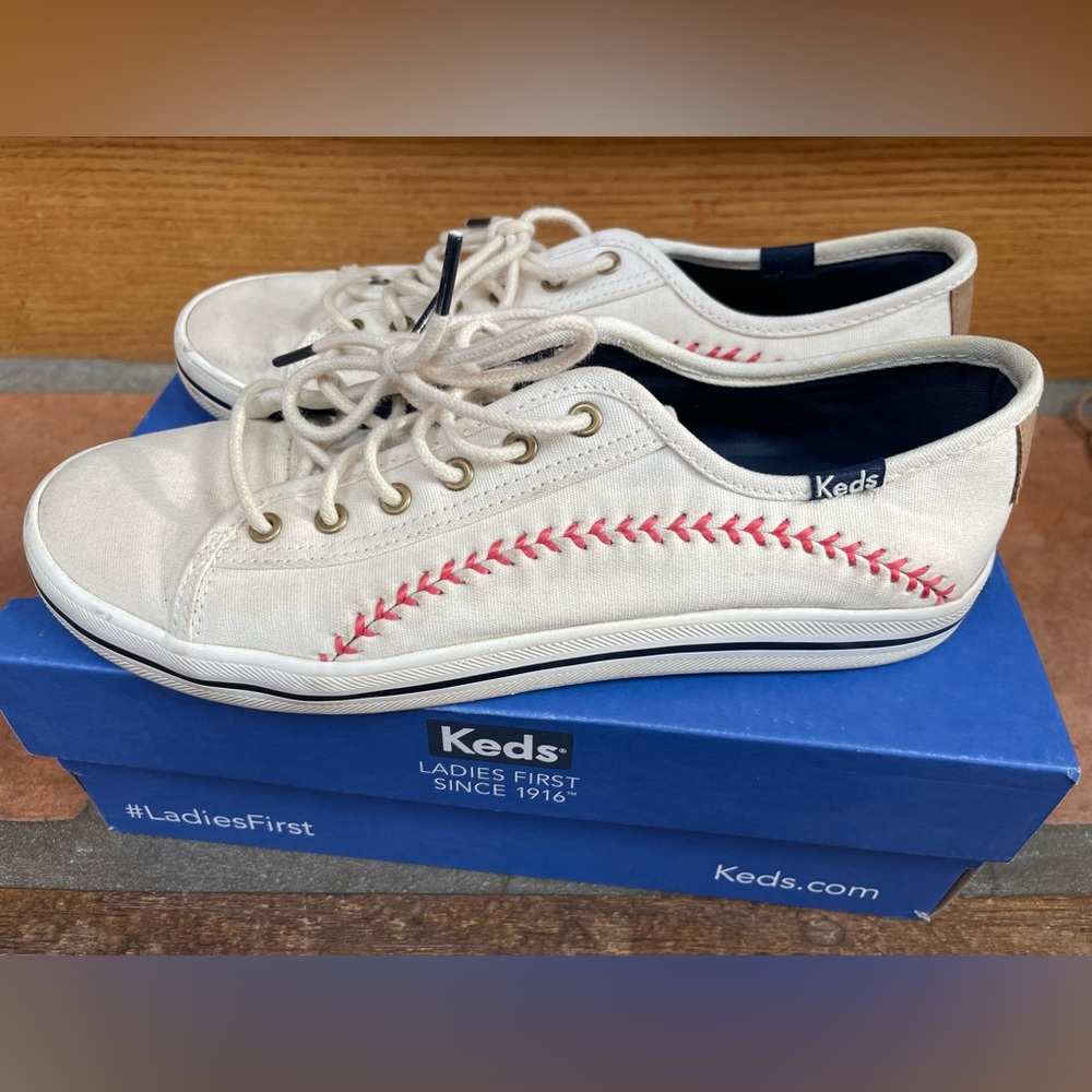 Keds Cream Canvas Sneakers with Red Stitch Accent